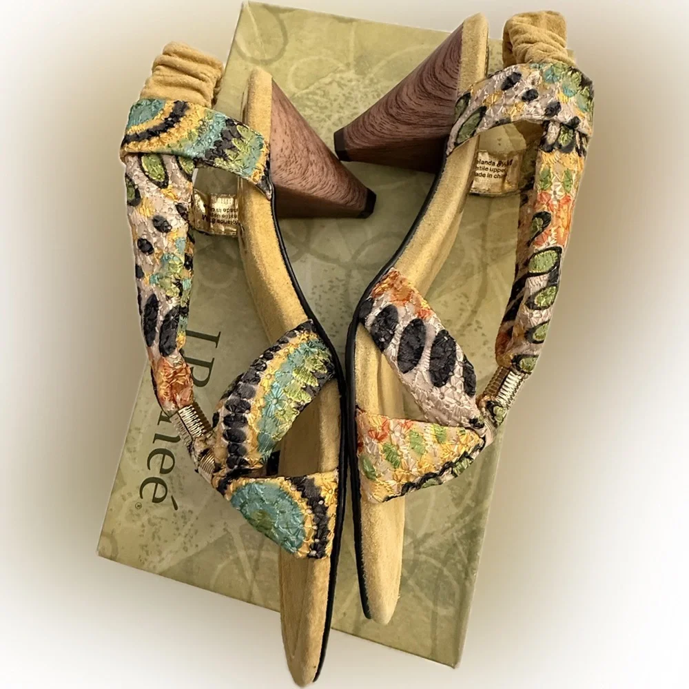 J.Renee Women's Sandals Heels Yolanda Yellow Lime Multi Eyelet Fabric Dressy NWT - Picture 2 of 16